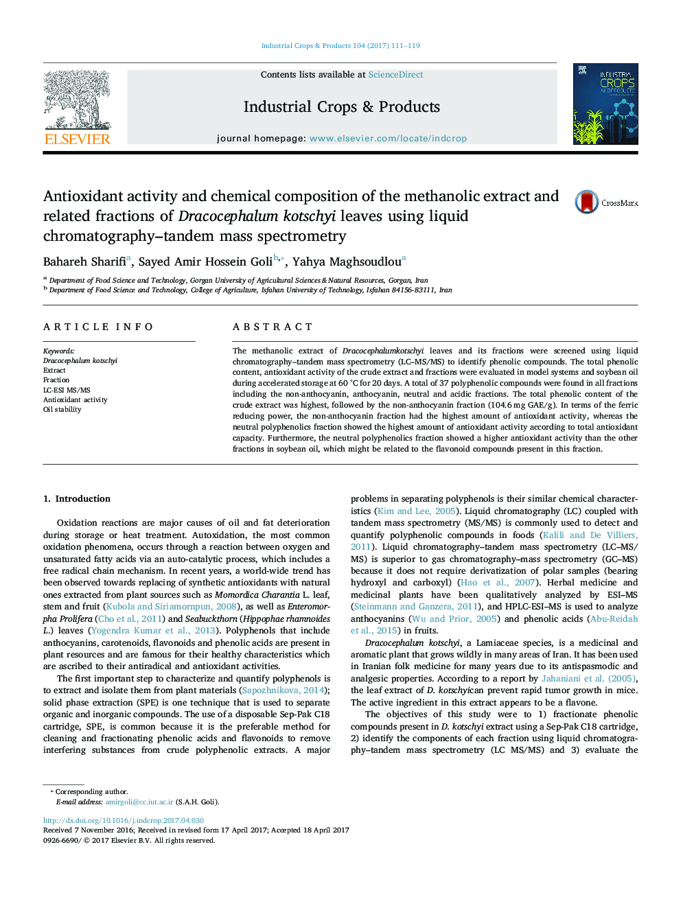 Antioxidant activity and chemical composition of the methanolic extract and related fractions of Dracocephalum kotschyi leaves using liquid chromatography-tandem mass spectrometry