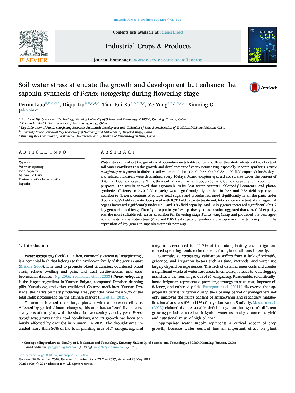 Soil water stress attenuate the growth and development but enhance the saponin synthesis of Panax notogesing during flowering stage