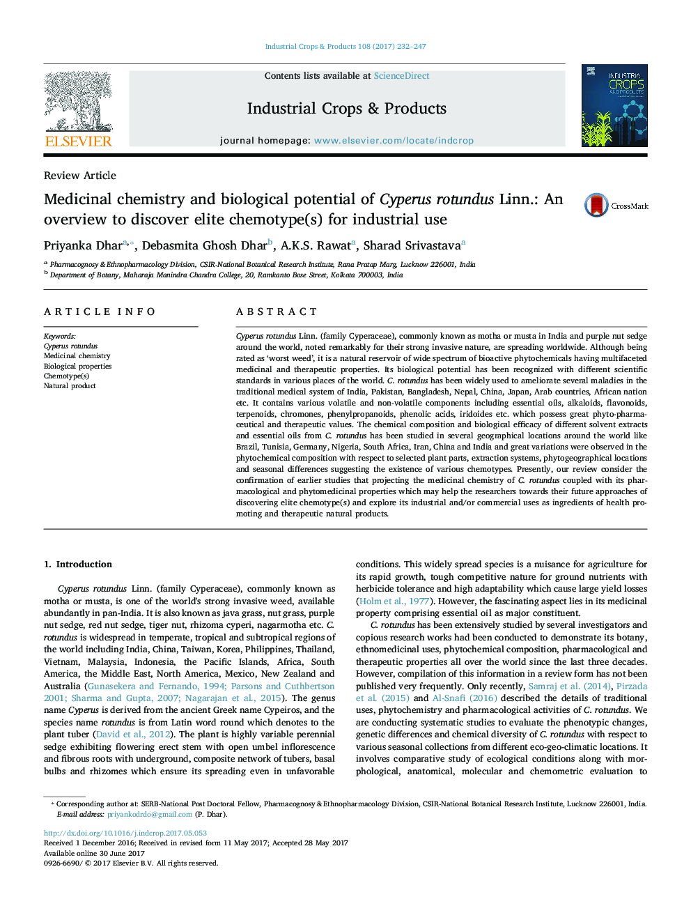 Medicinal chemistry and biological potential of Cyperus rotundus Linn.: An overview to discover elite chemotype(s) for industrial use