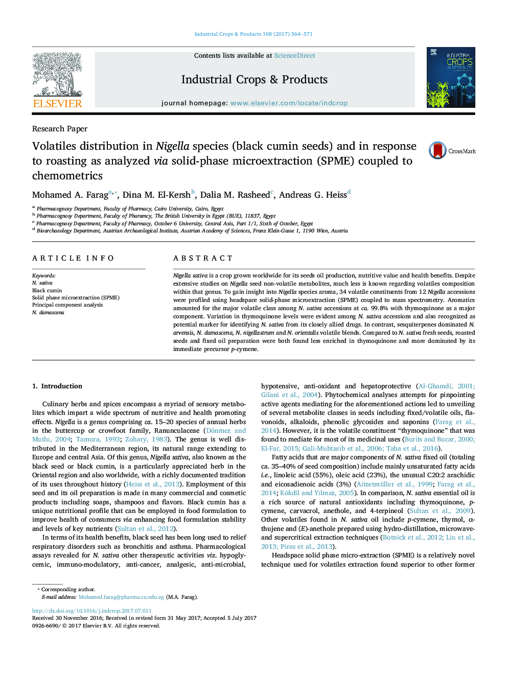 Volatiles distribution in Nigella species (black cumin seeds) and in response to roasting as analyzed via solid-phase microextraction (SPME) coupled to chemometrics