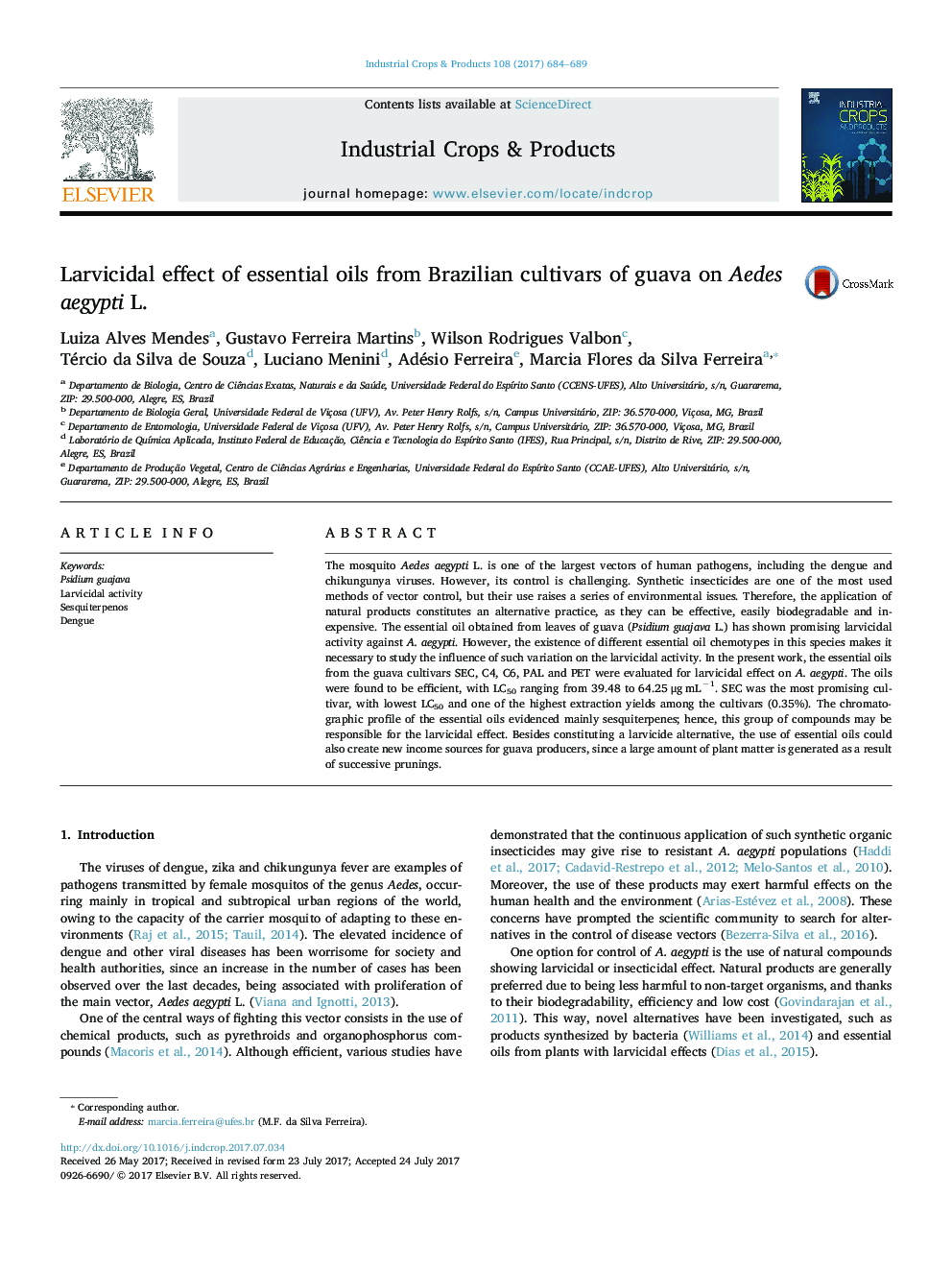 Larvicidal effect of essential oils from Brazilian cultivars of guava on Aedes aegypti L.