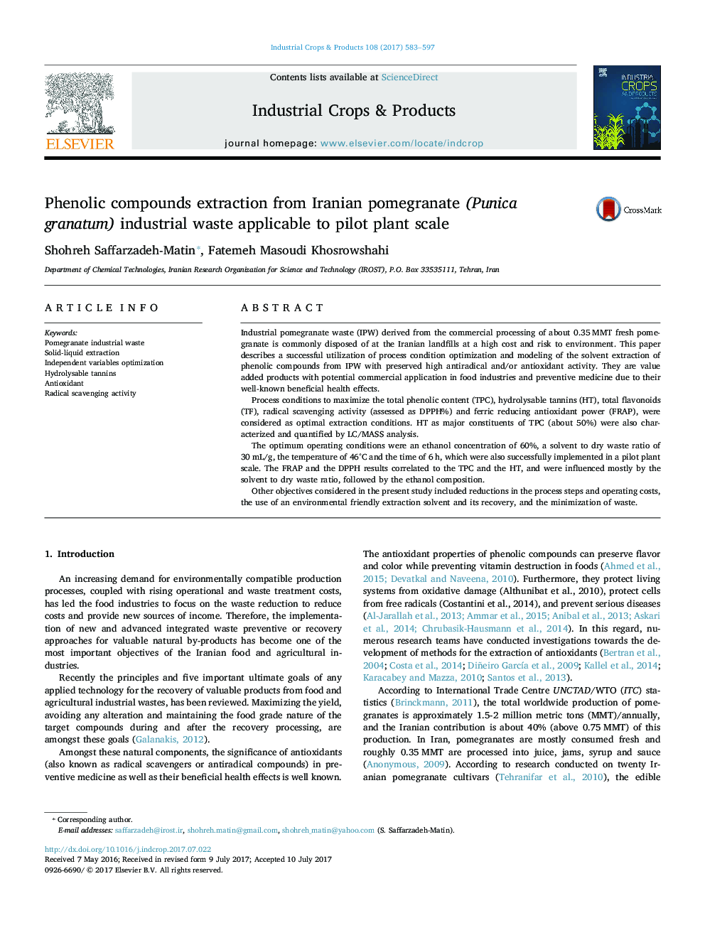 Phenolic compounds extraction from Iranian pomegranate (Punica granatum) industrial waste applicable to pilot plant scale