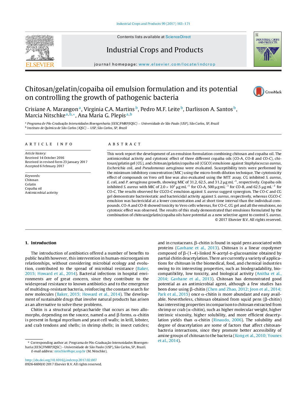 Chitosan/gelatin/copaiba oil emulsion formulation and its potential on controlling the growth of pathogenic bacteria