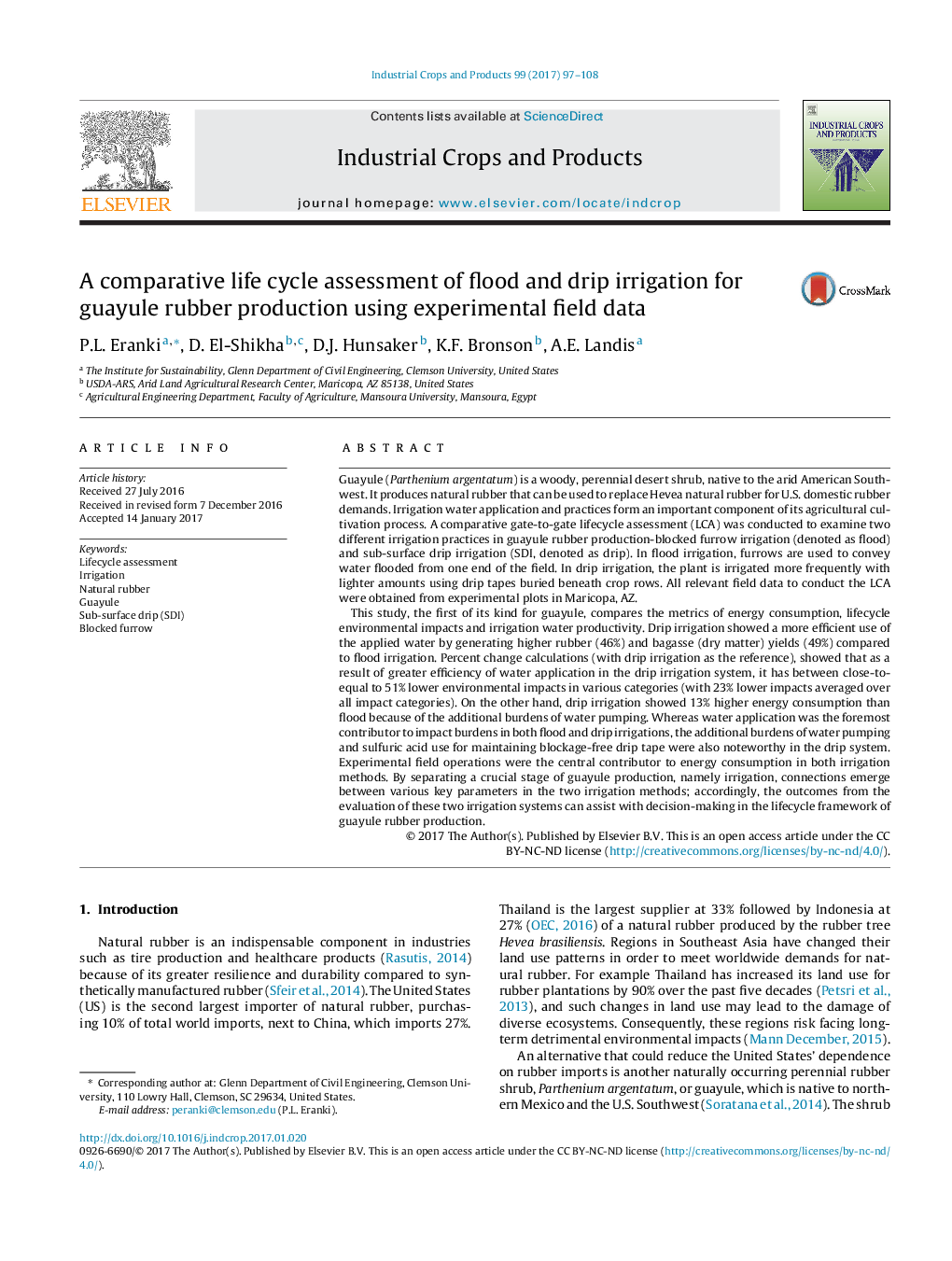 A comparative life cycle assessment of flood and drip irrigation for guayule rubber production using experimental field data