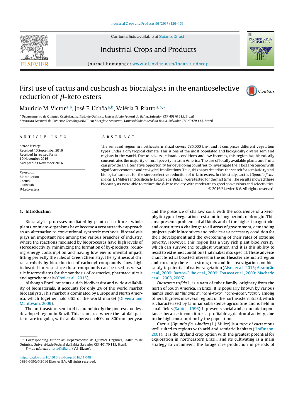 First use of cactus and cushcush as biocatalysts in the enantioselective reduction of Î²-keto esters