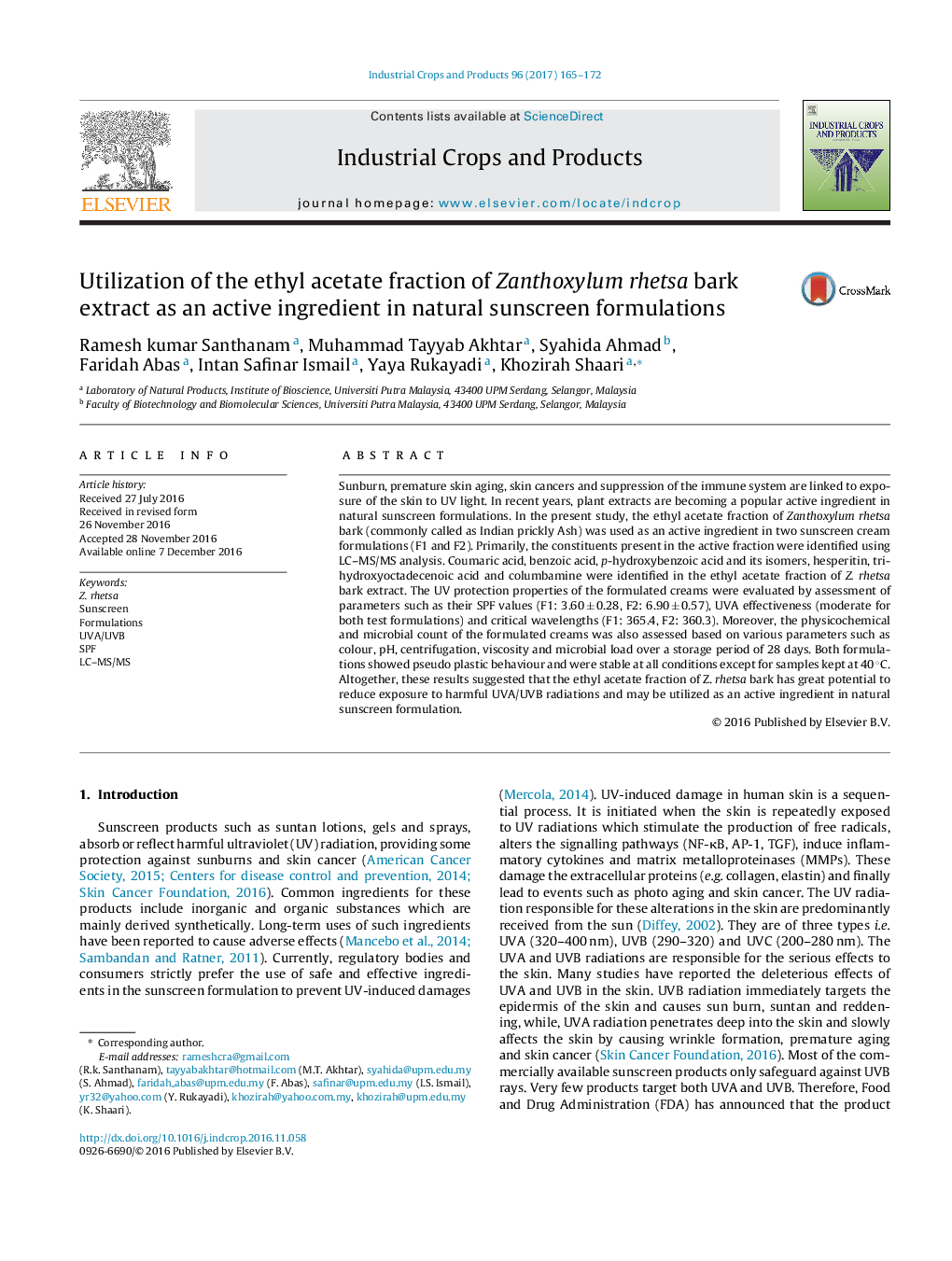 Utilization of the ethyl acetate fraction of Zanthoxylum rhetsa bark extract as an active ingredient in natural sunscreen formulations