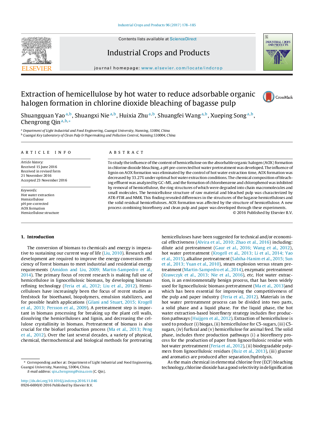 Extraction of hemicellulose by hot water to reduce adsorbable organic halogen formation in chlorine dioxide bleaching of bagasse pulp