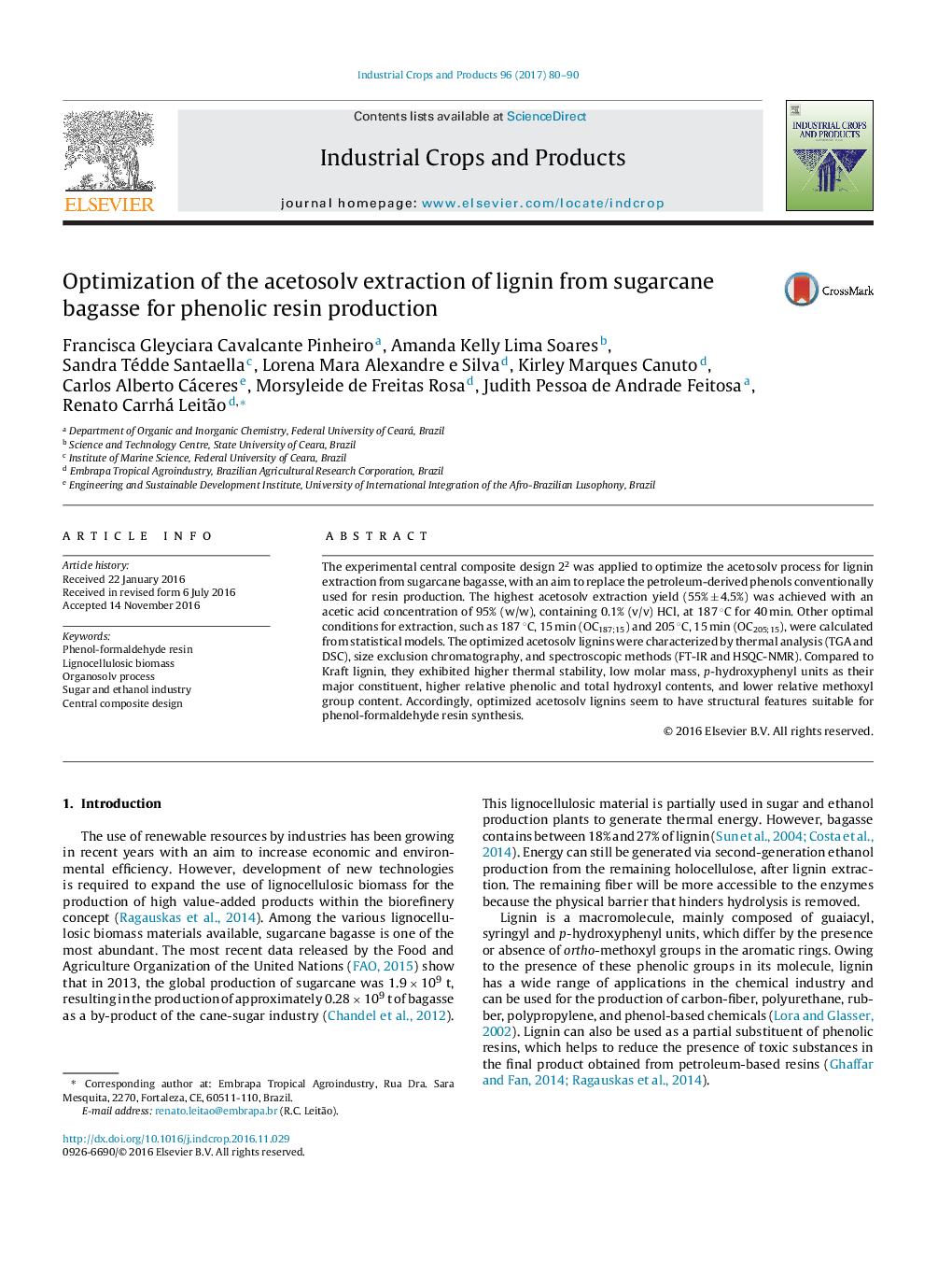 Optimization of the acetosolv extraction of lignin from sugarcane bagasse for phenolic resin production