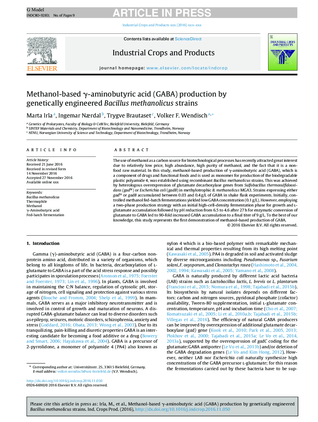 Methanol-based Î³-aminobutyric acid (GABA) production by genetically engineered Bacillus methanolicus strains