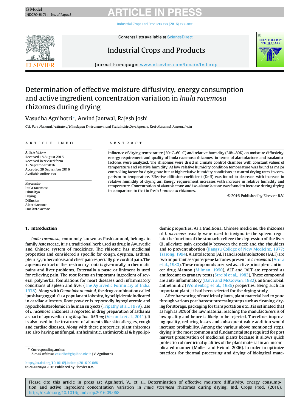 Determination of effective moisture diffusivity, energy consumption and active ingredient concentration variation in Inula racemosa rhizomes during drying