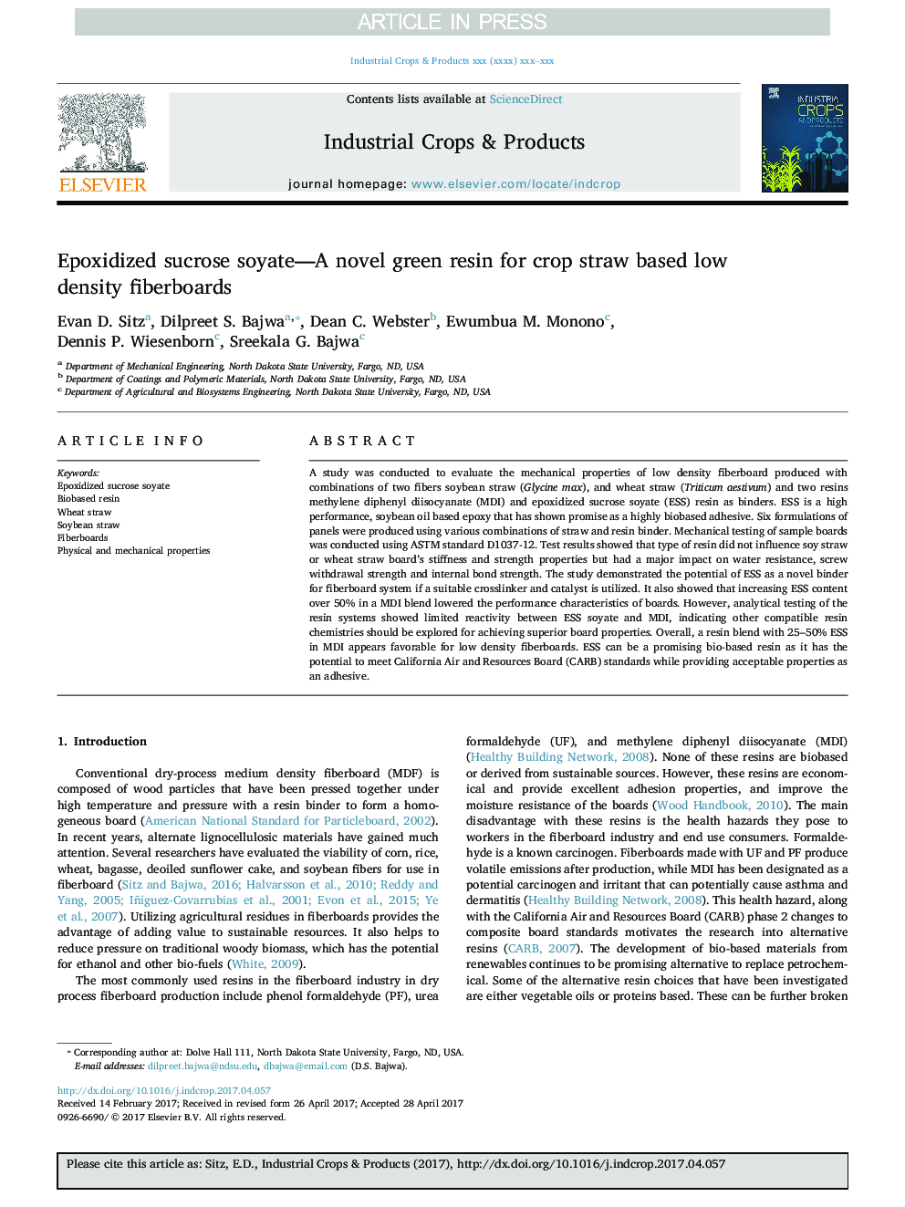 Epoxidized sucrose soyate-A novel green resin for crop straw based low density fiberboards