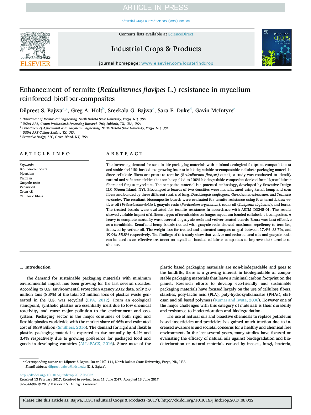 Enhancement of termite (Reticulitermes flavipes L.) resistance in mycelium reinforced biofiber-composites
