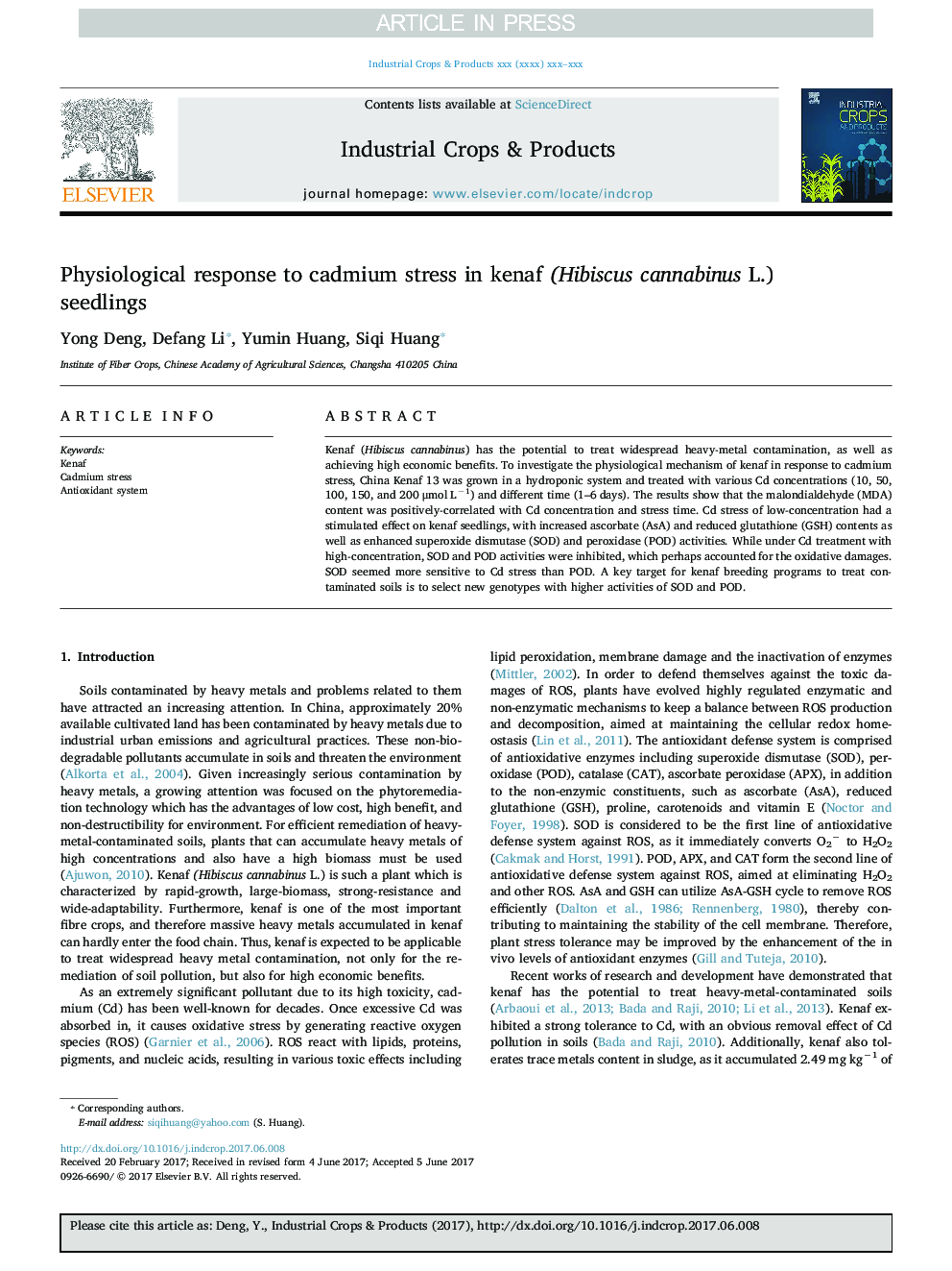 Physiological response to cadmium stress in kenaf (Hibiscus cannabinus L.) seedlings