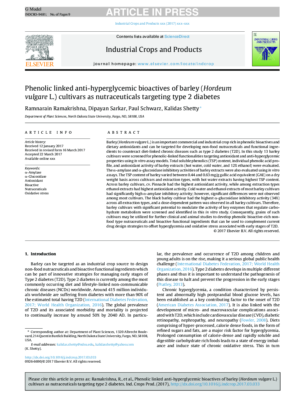 Phenolic linked anti-hyperglycemic bioactives of barley (Hordeum vulgare L.) cultivars as nutraceuticals targeting type 2 diabetes