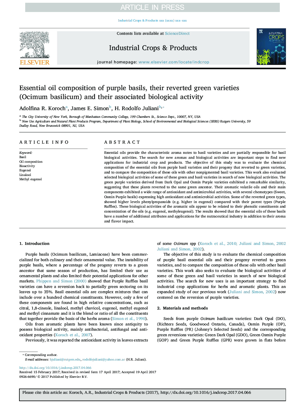 Essential oil composition of purple basils, their reverted green varieties (Ocimum basilicum) and their associated biological activity