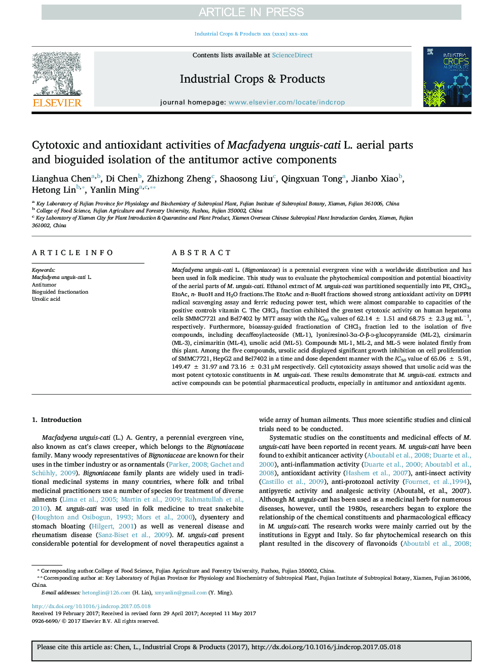 Cytotoxic and antioxidant activities of Macfadyena unguis-cati L. aerial parts and bioguided isolation of the antitumor active components