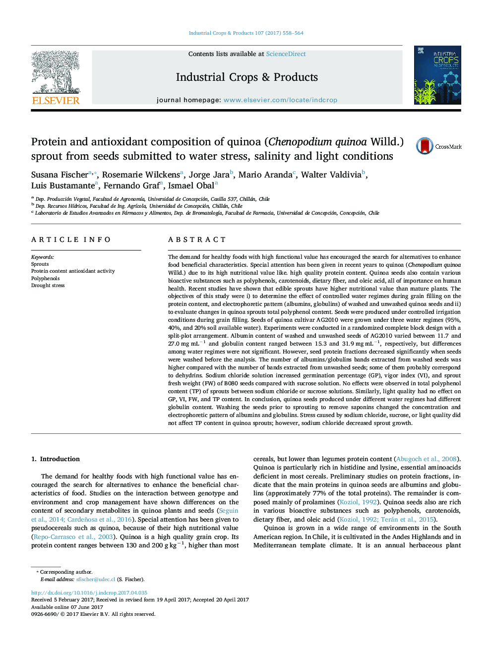 Protein and antioxidant composition of quinoa (Chenopodium quinoa Willd.) sprout from seeds submitted to water stress, salinity and light conditions