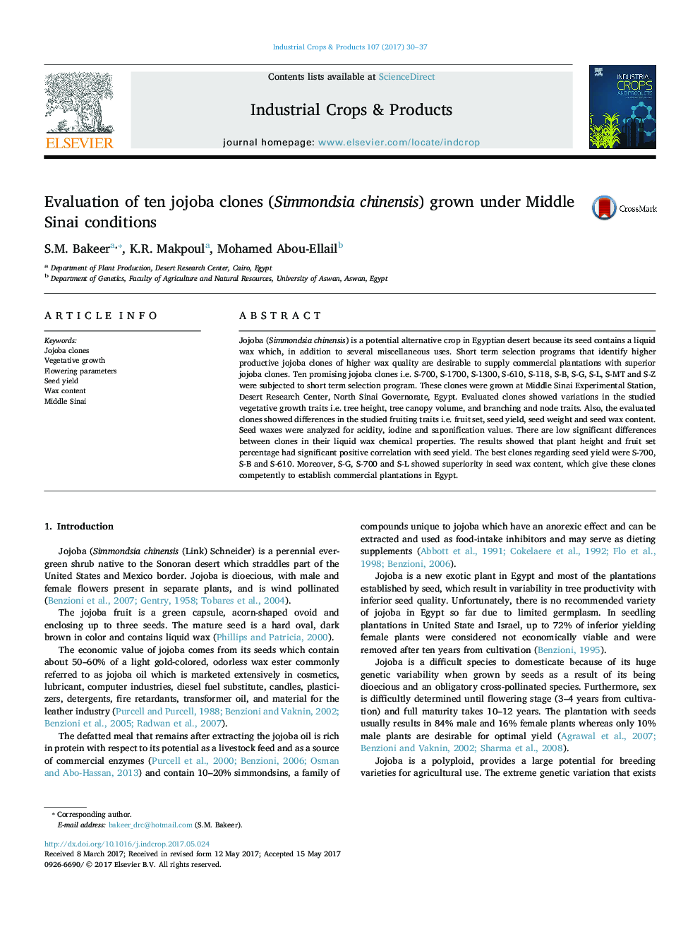 Evaluation of ten jojoba clones (Simmondsia chinensis) grown under Middle Sinai conditions