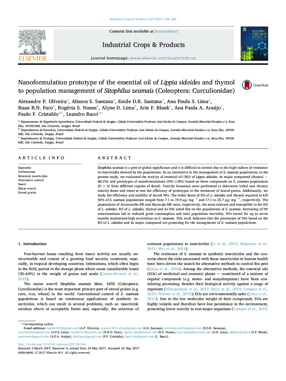 Nanoformulation prototype of the essential oil of Lippia sidoides and thymol to population management of Sitophilus zeamais (Coleoptera: Curculionidae)