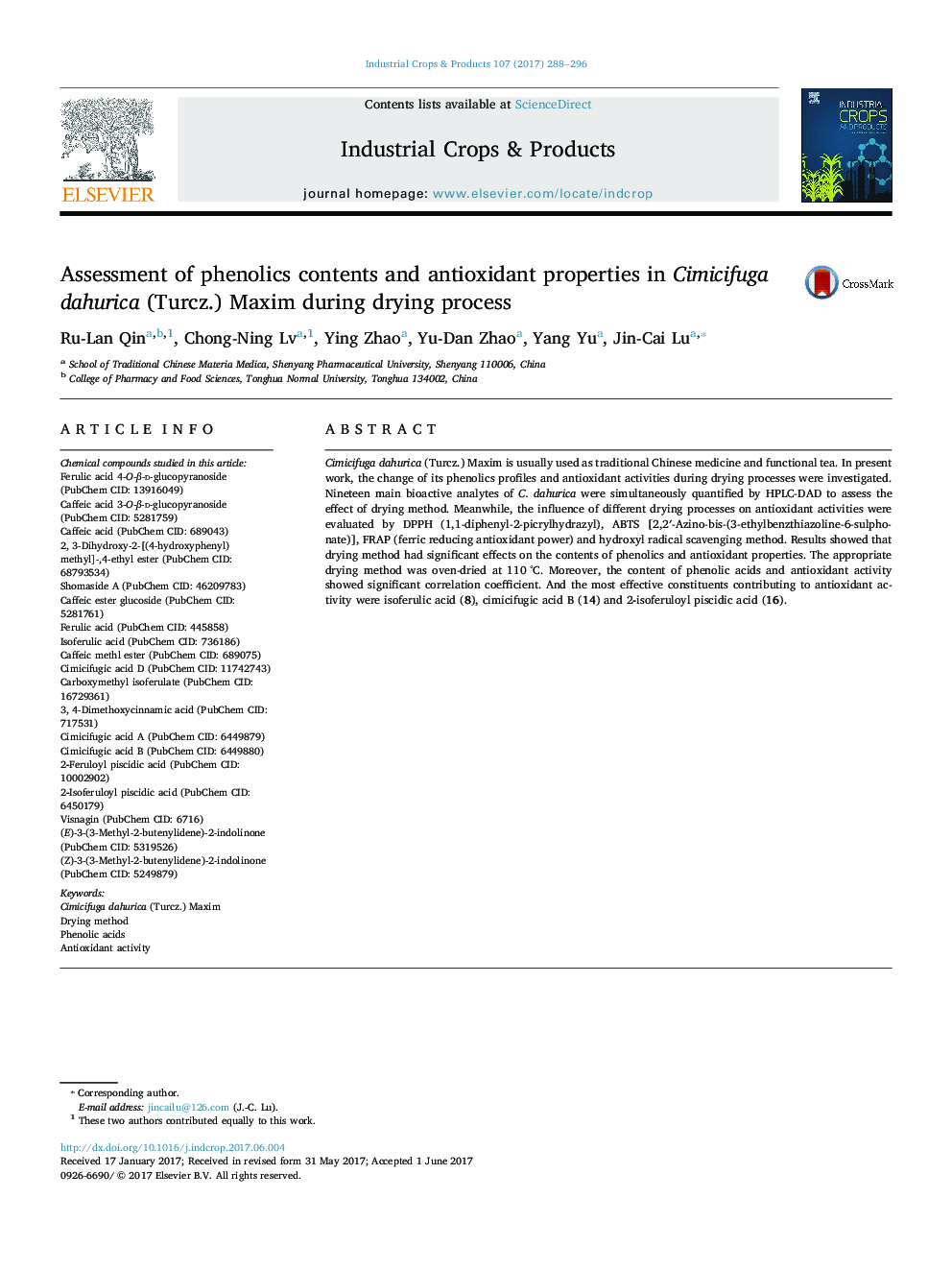 Assessment of phenolics contents and antioxidant properties in Cimicifuga dahurica (Turcz.) Maxim during drying process