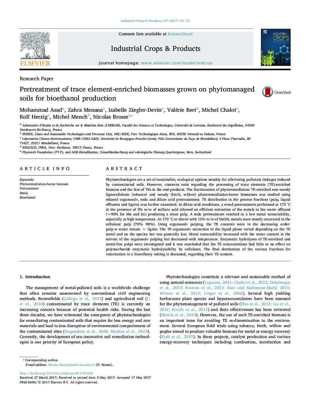 Pretreatment of trace element-enriched biomasses grown on phytomanaged soils for bioethanol production