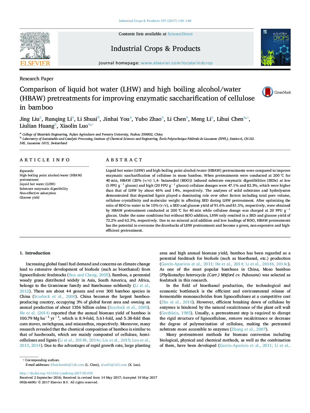 Comparison of liquid hot water (LHW) and high boiling alcohol/water (HBAW) pretreatments for improving enzymatic saccharification of cellulose in bamboo