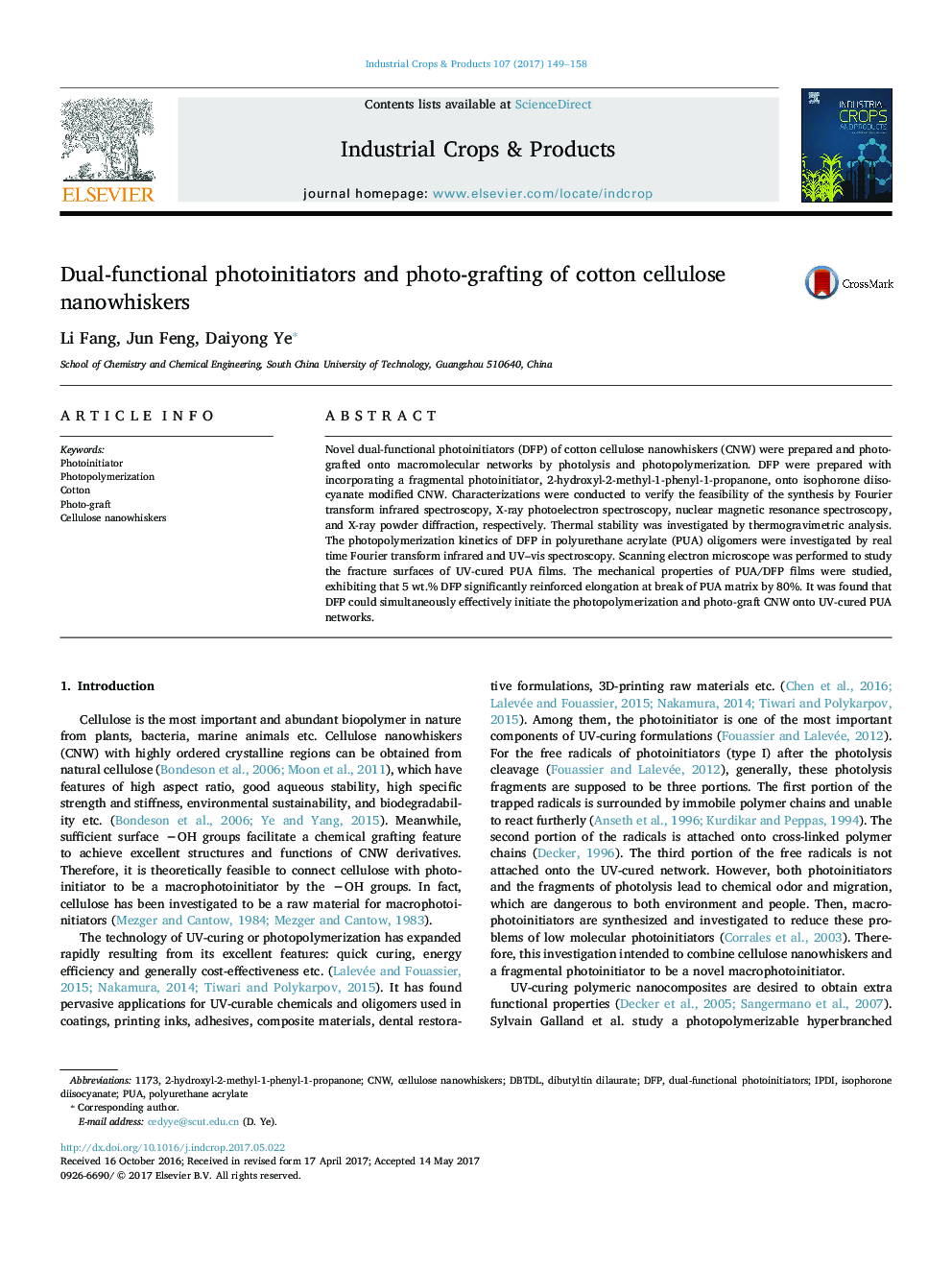 Dual-functional photoinitiators and photo-grafting of cotton cellulose nanowhiskers