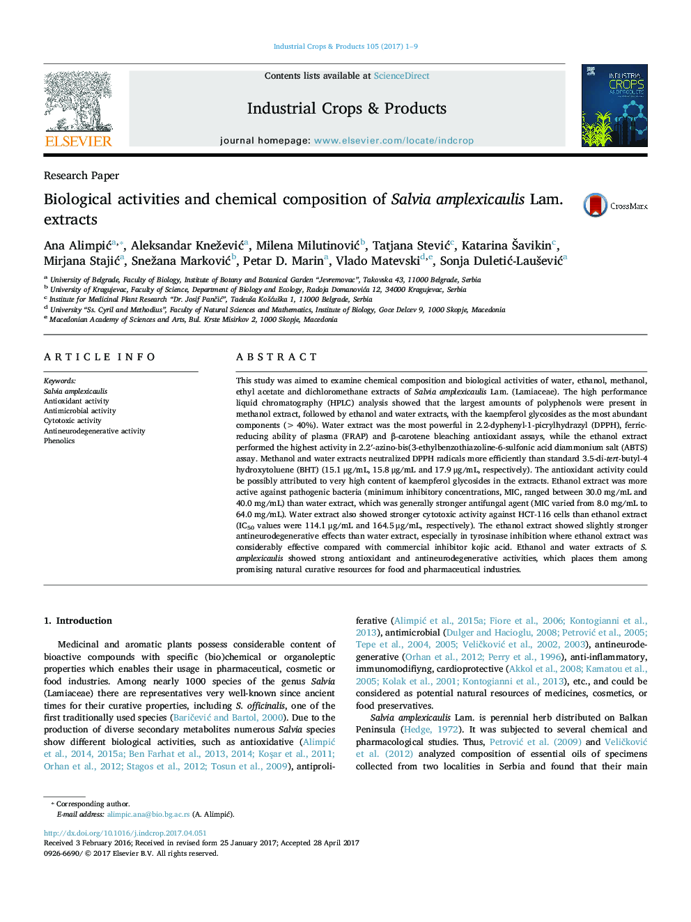 Biological activities and chemical composition of Salvia amplexicaulis Lam. extracts