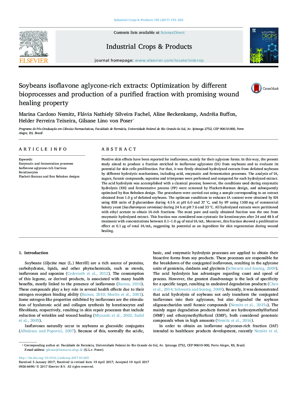 Soybeans isoflavone aglycone-rich extracts: Optimization by different bioprocesses and production of a purified fraction with promising wound healing property