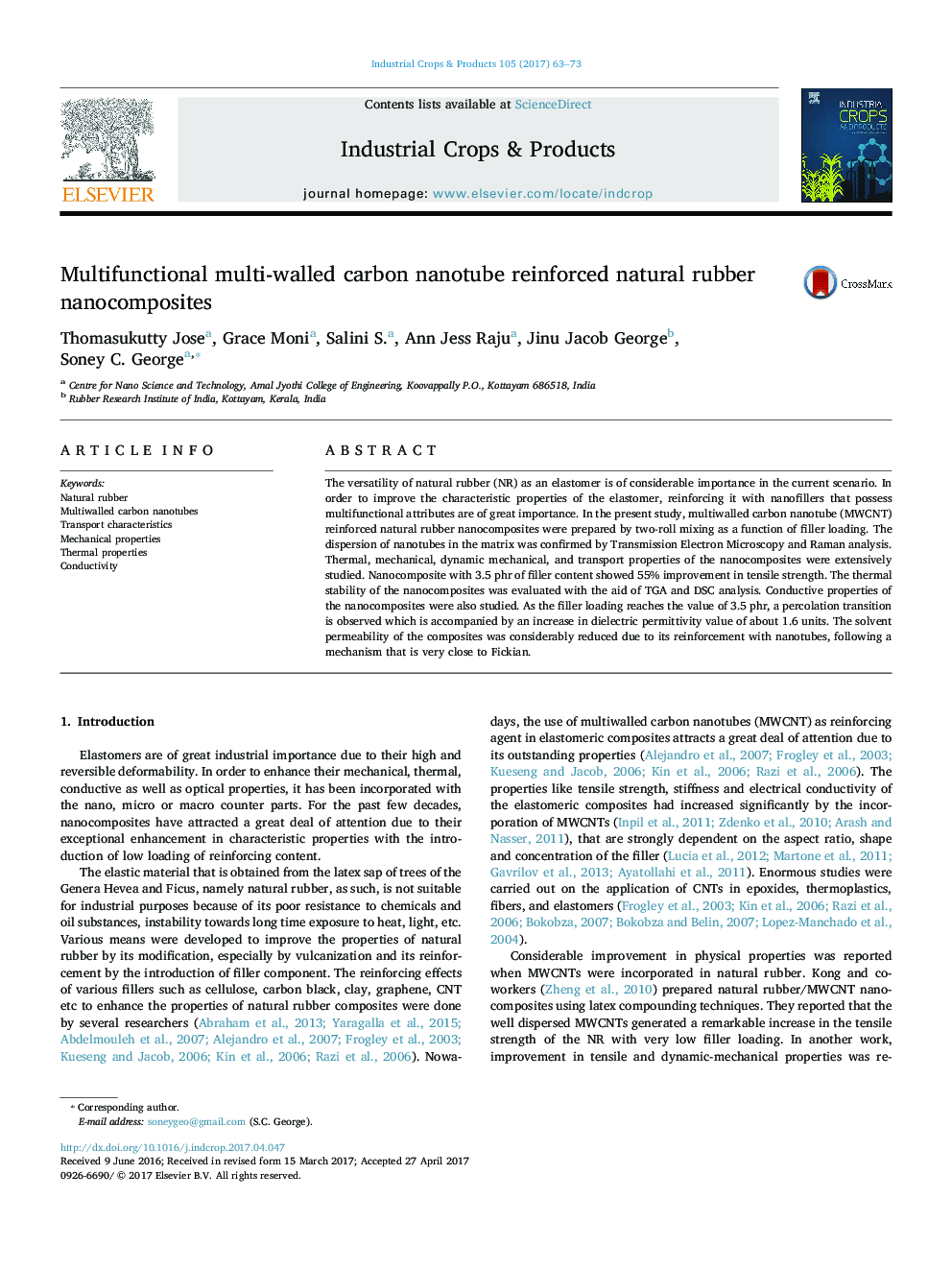 Multifunctional multi-walled carbon nanotube reinforced natural rubber nanocomposites