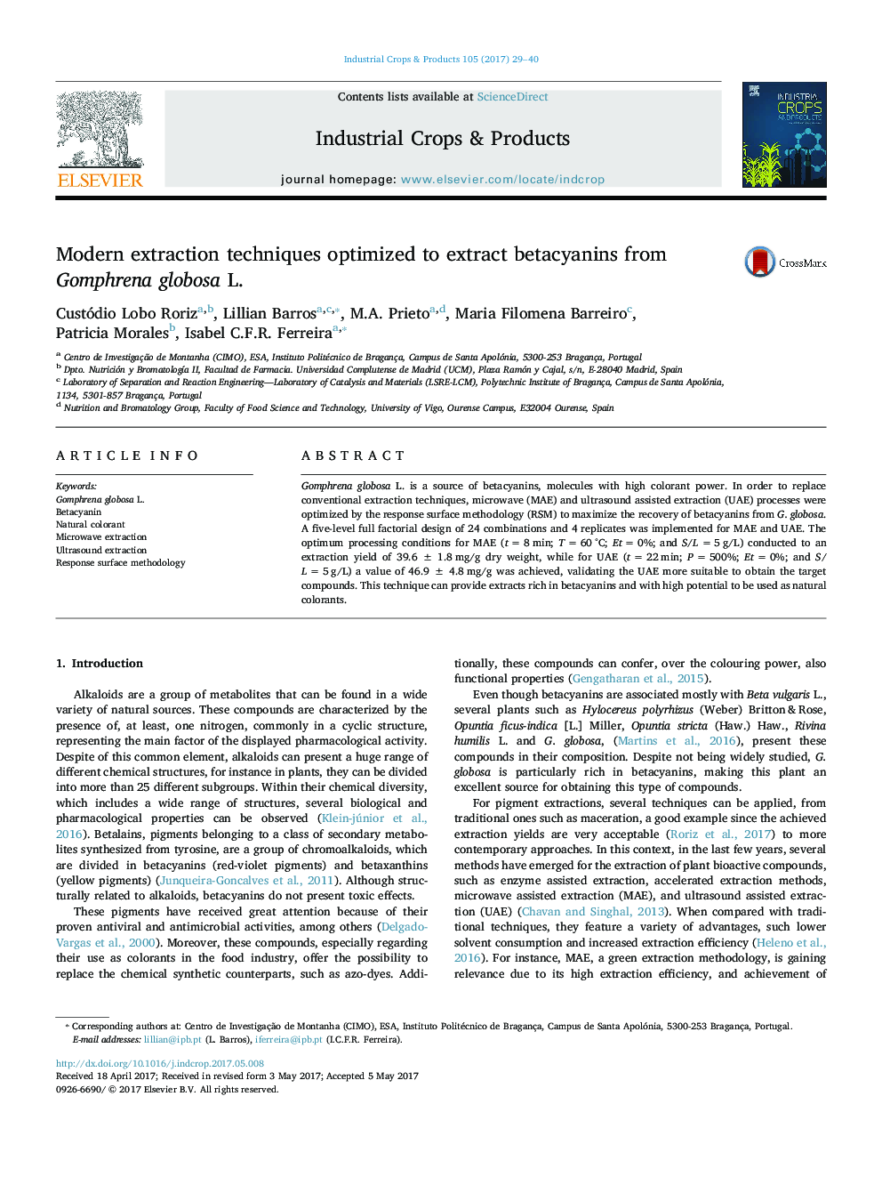 Modern extraction techniques optimized to extract betacyanins from Gomphrena globosa L.