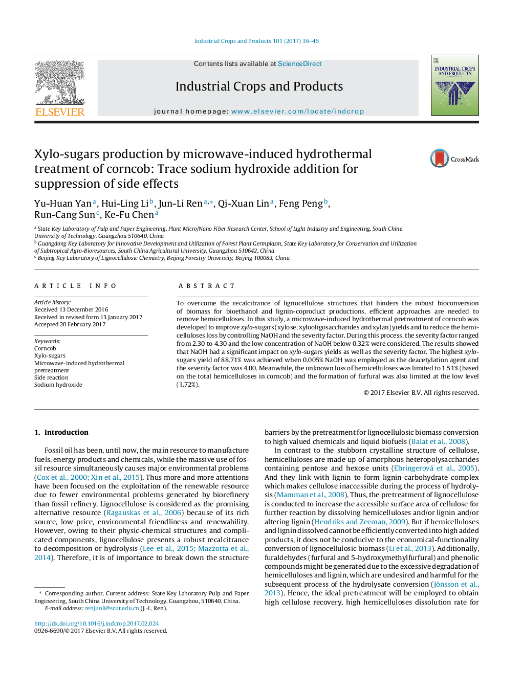 Xylo-sugars production by microwave-induced hydrothermal treatment of corncob: Trace sodium hydroxide addition for suppression of side effects