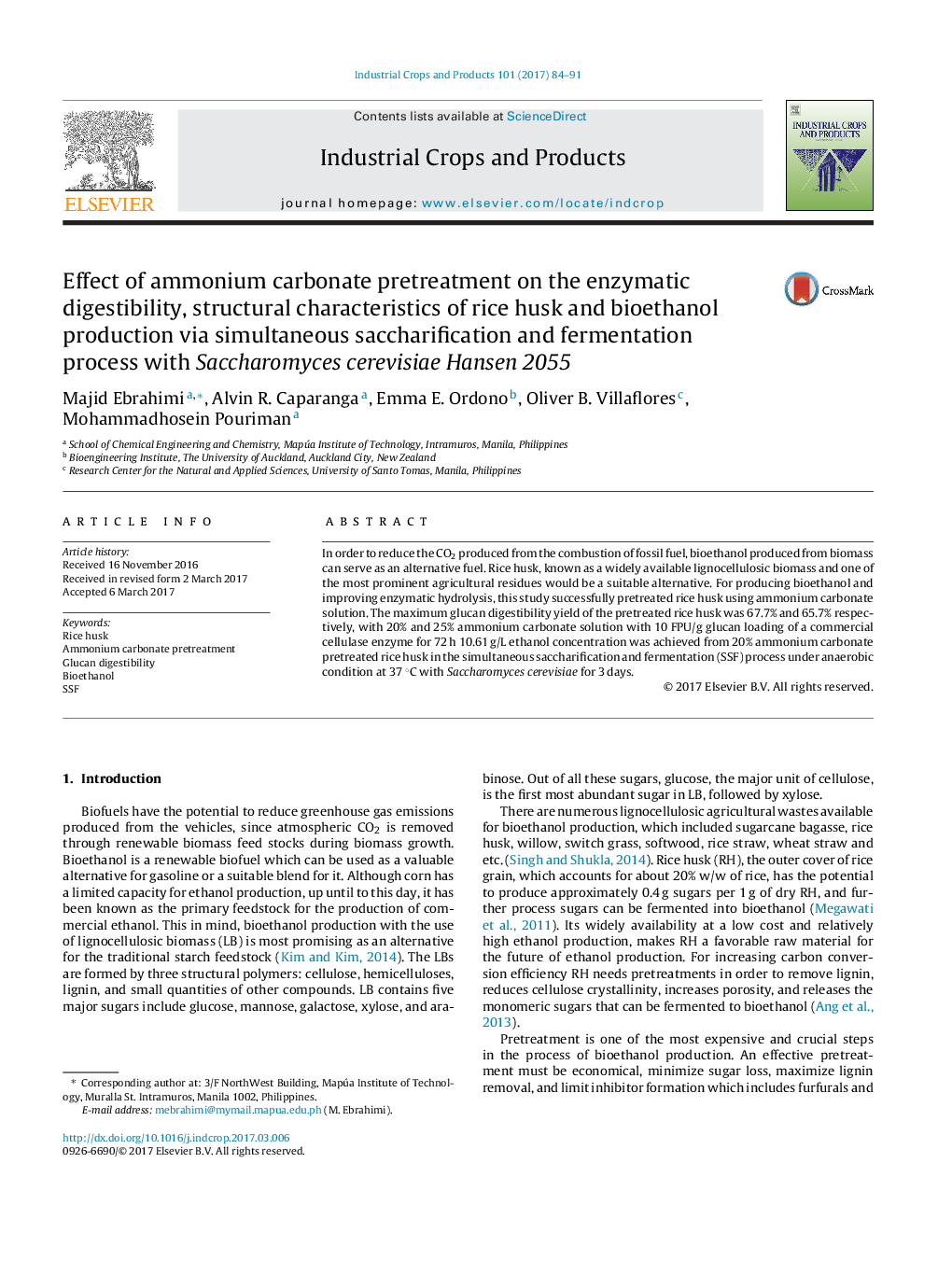 Effect of ammonium carbonate pretreatment on the enzymatic digestibility, structural characteristics of rice husk and bioethanol production via simultaneous saccharification and fermentation process with Saccharomyces cerevisiae Hansen 2055