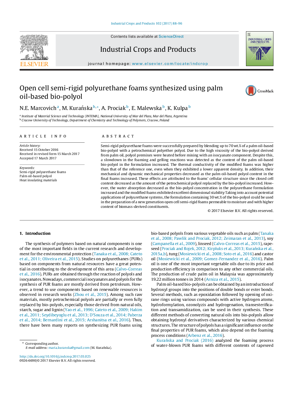 Open cell semi-rigid polyurethane foams synthesized using palm oil-based bio-polyol