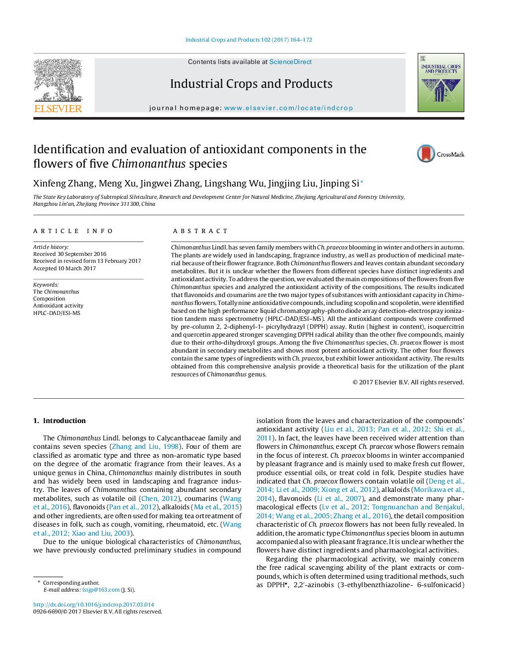 Identification and evaluation of antioxidant components in the flowers of five Chimonanthus species