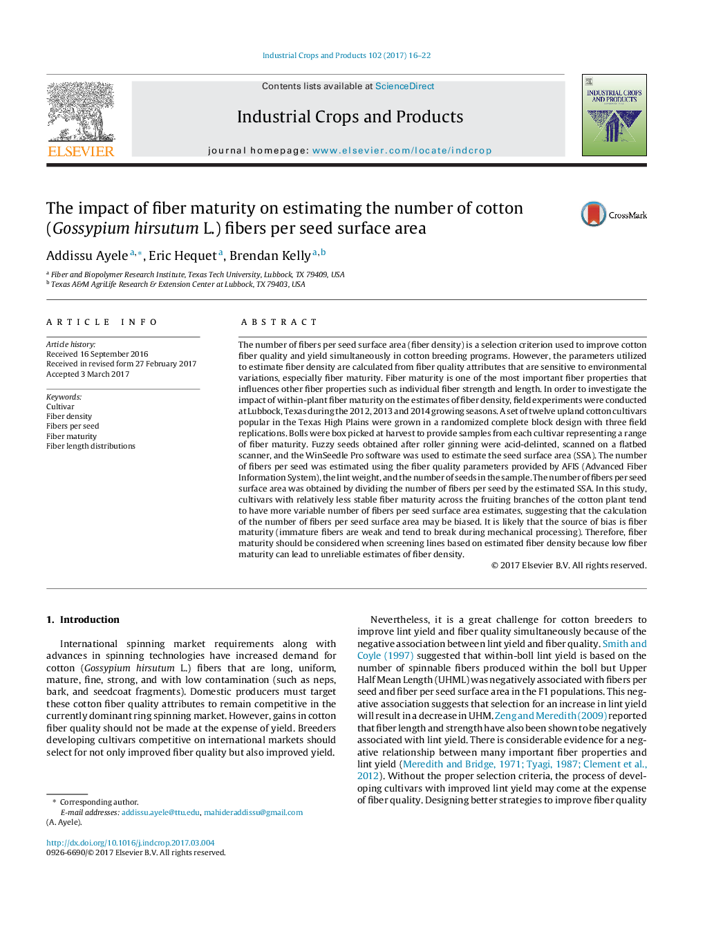 The impact of fiber maturity on estimating the number of cotton (Gossypium hirsutum L.) fibers per seed surface area