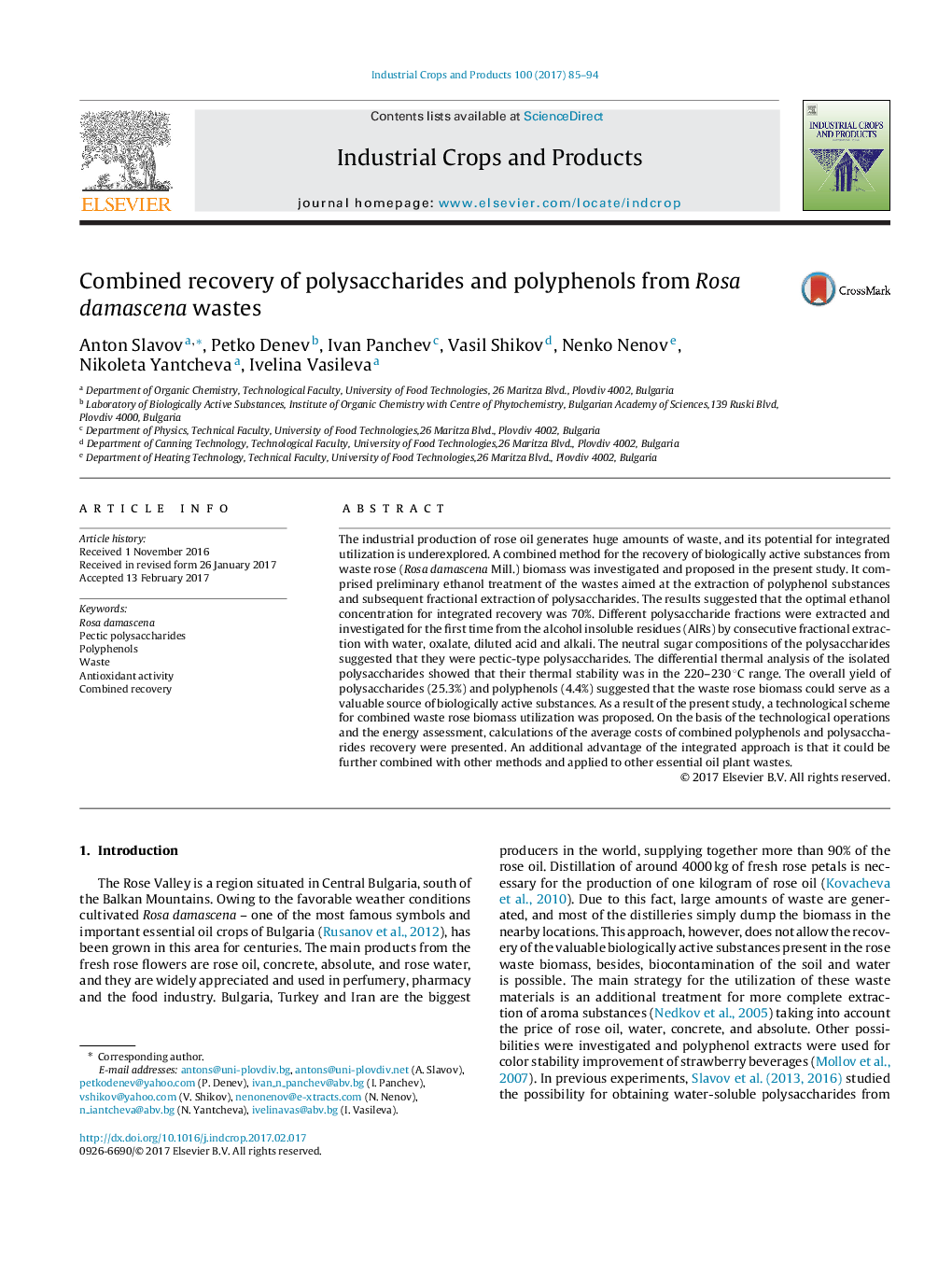 Combined recovery of polysaccharides and polyphenols from Rosa damascena wastes