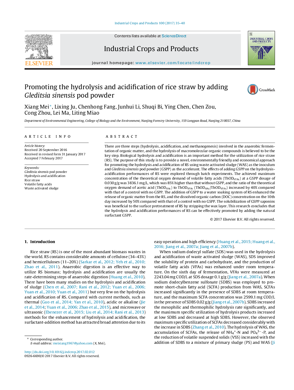 Promoting the hydrolysis and acidification of rice straw by adding Gleditsia sinensis pod powder