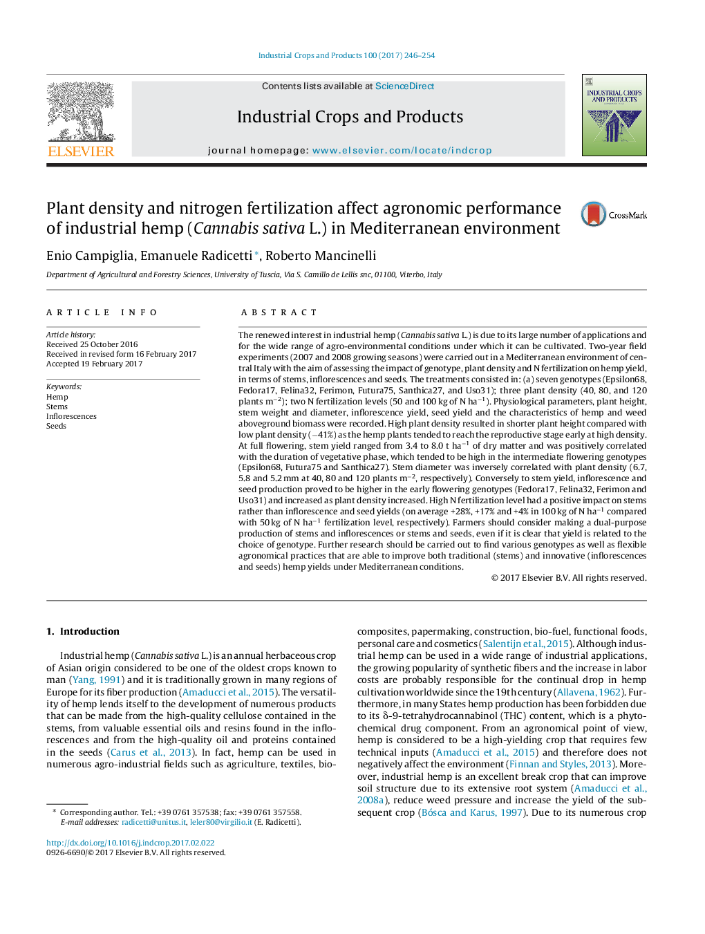 Plant density and nitrogen fertilization affect agronomic performance of industrial hemp (Cannabis sativa L.) in Mediterranean environment