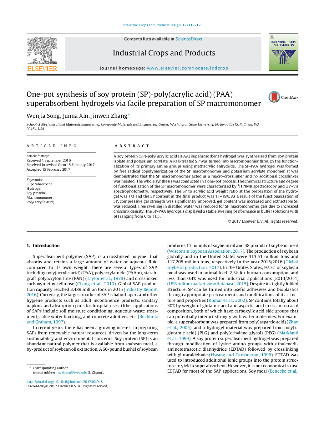 One-pot synthesis of soy protein (SP)-poly(acrylic acid) (PAA) superabsorbent hydrogels via facile preparation of SP macromonomer