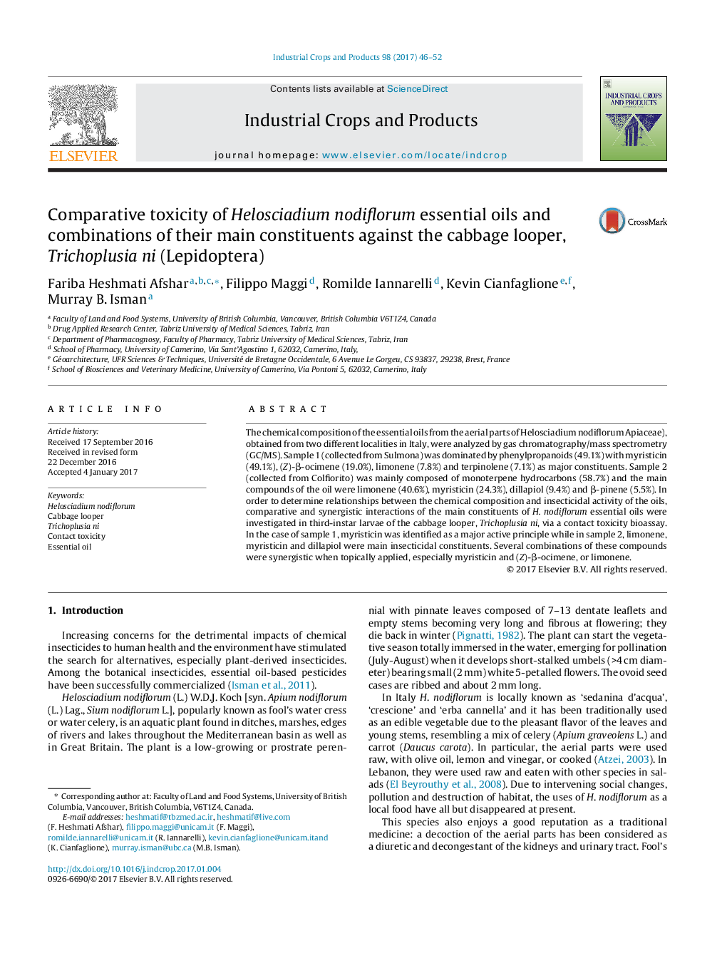 Comparative toxicity of Helosciadium nodiflorum essential oils and combinations of their main constituents against the cabbage looper, Trichoplusia ni (Lepidoptera)