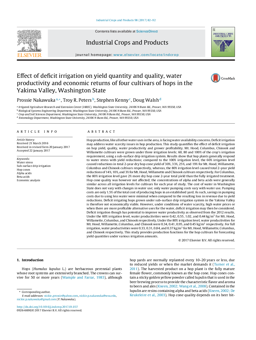 Effect of deficit irrigation on yield quantity and quality, water productivity and economic returns of four cultivars of hops in the Yakima Valley, Washington State