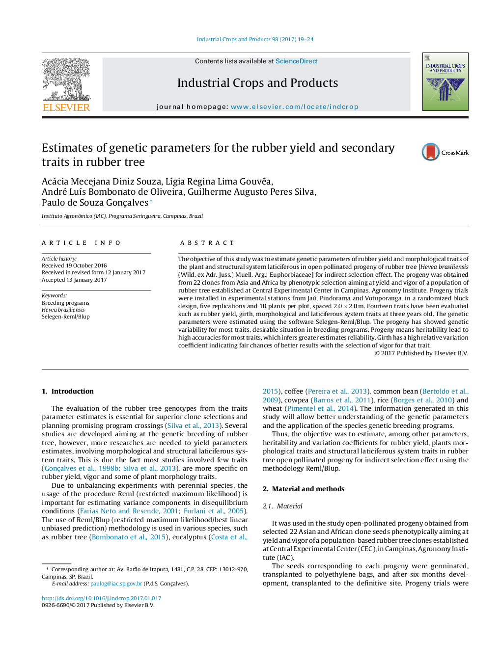 Estimates of genetic parameters for the rubber yield and secondary traits in rubber tree