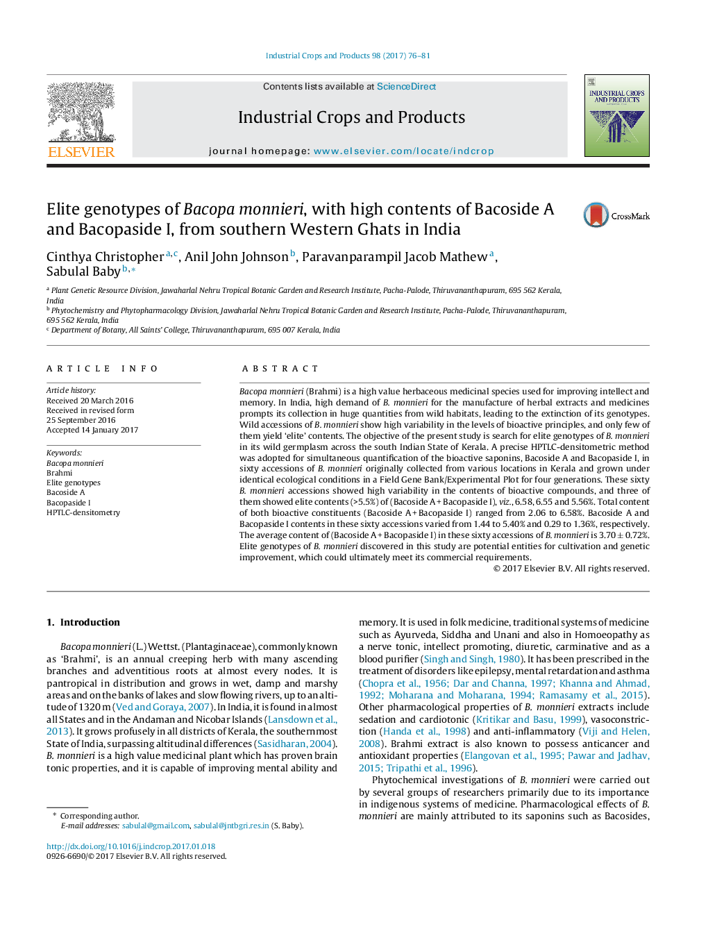 Elite genotypes of Bacopa monnieri, with high contents of Bacoside A and Bacopaside I, from southern Western Ghats in India