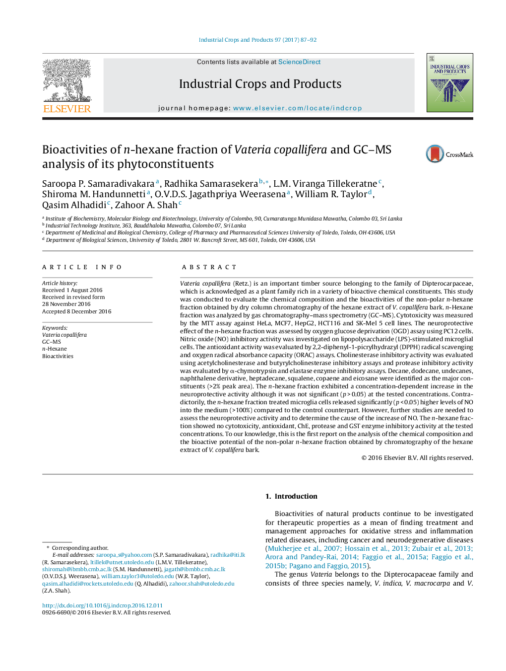 Bioactivities of n-hexane fraction of Vateria copallifera and GC-MS analysis of its phytoconstituents