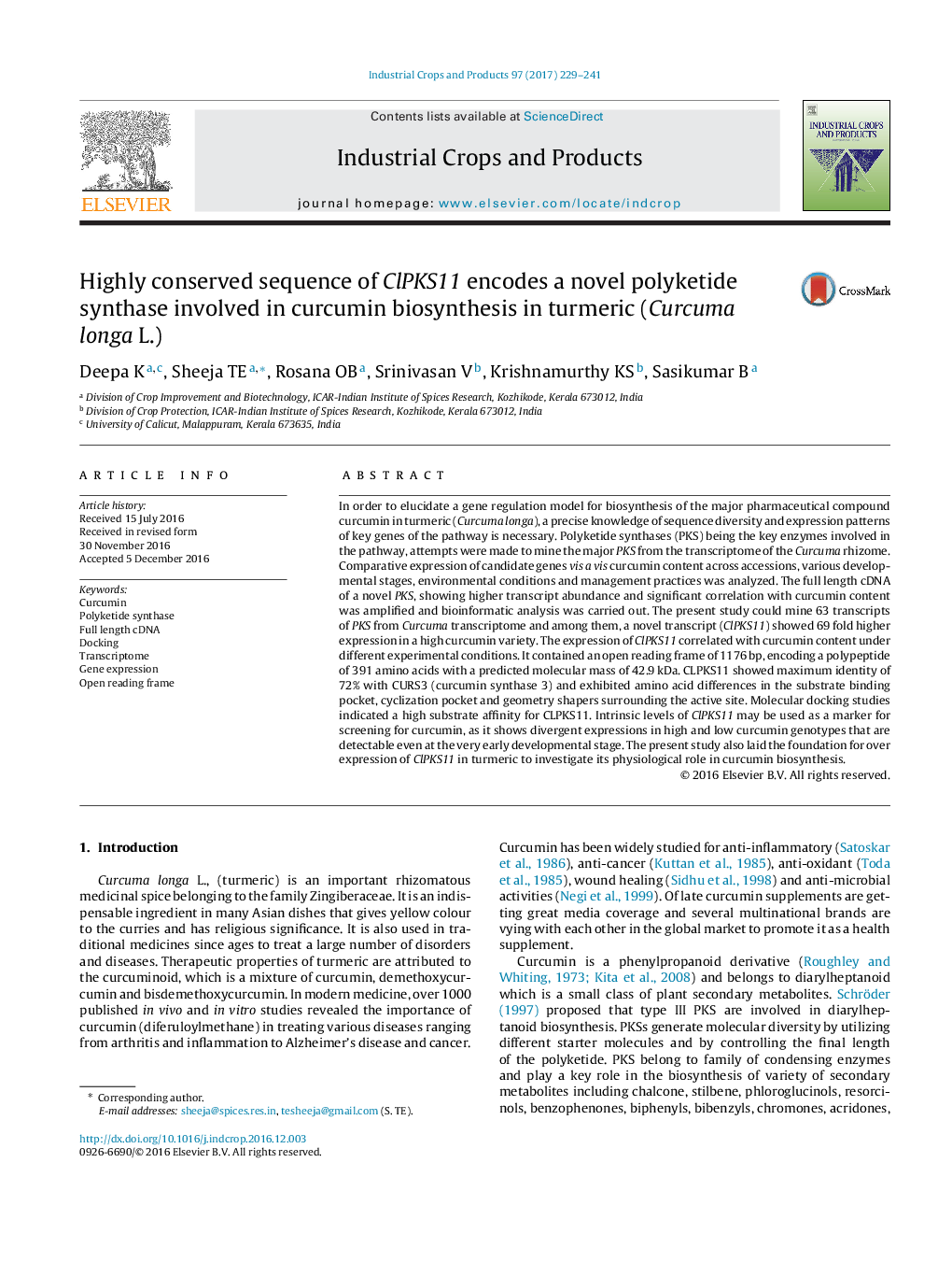 Highly conserved sequence of ClPKS11 encodes a novel polyketide synthase involved in curcumin biosynthesis in turmeric (Curcuma longa L.)