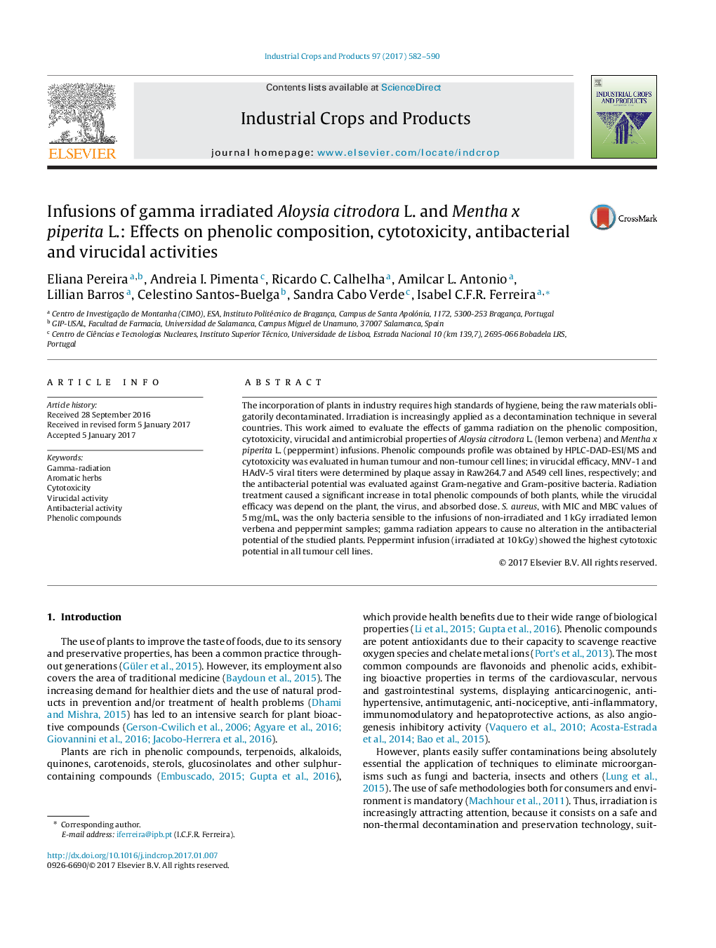 Infusions of gamma irradiated Aloysia citrodora L. and Mentha x piperita L.: Effects on phenolic composition, cytotoxicity, antibacterial and virucidal activities