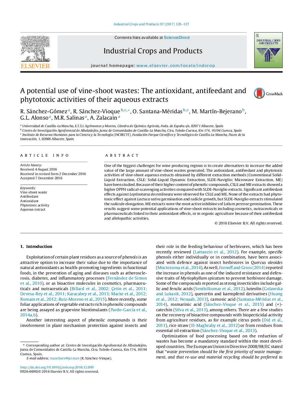 A potential use of vine-shoot wastes: The antioxidant, antifeedant and phytotoxic activities of their aqueous extracts