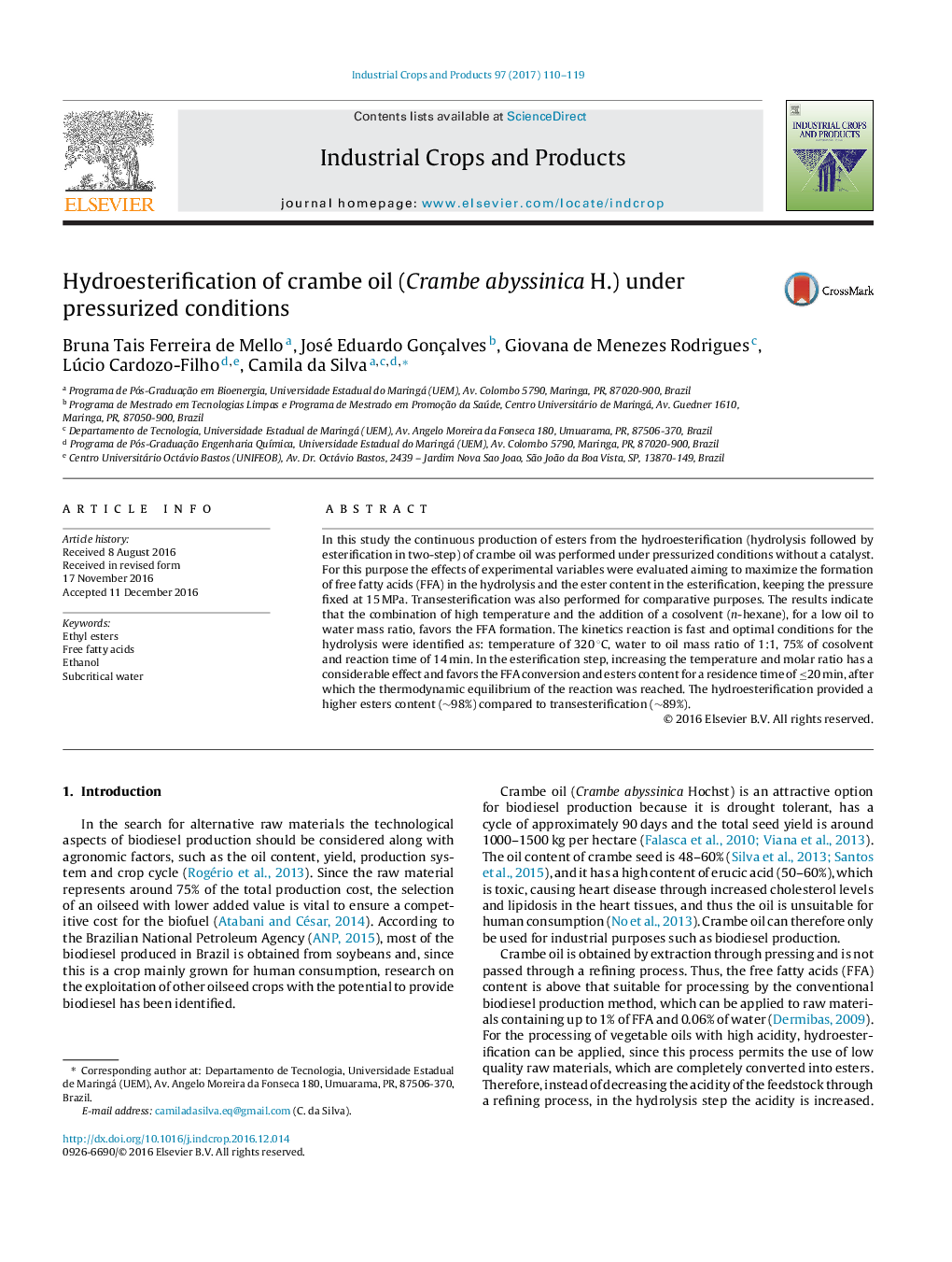 Hydroesterification of crambe oil (Crambe abyssinica H.) under pressurized conditions