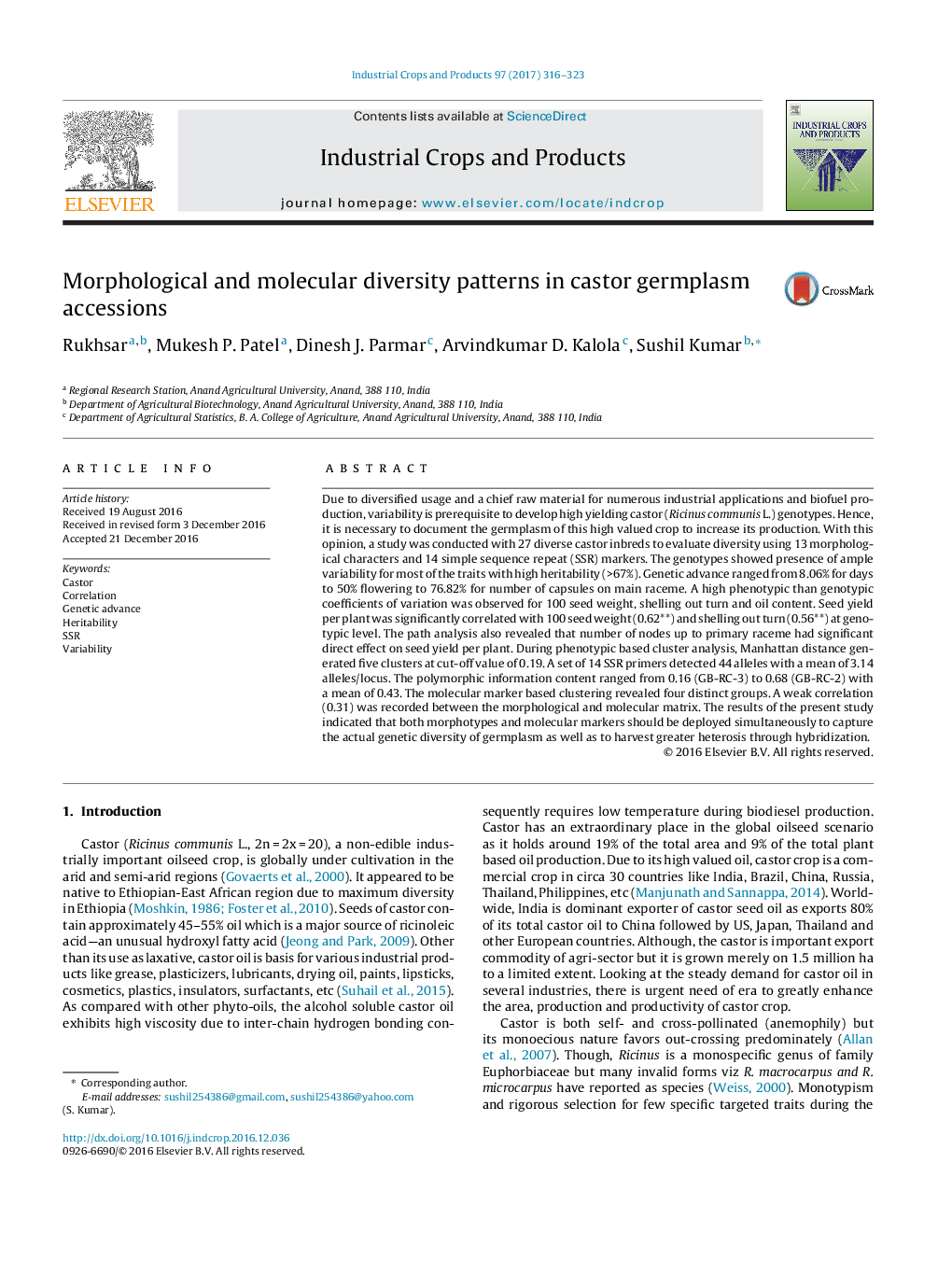 Morphological and molecular diversity patterns in castor germplasm accessions